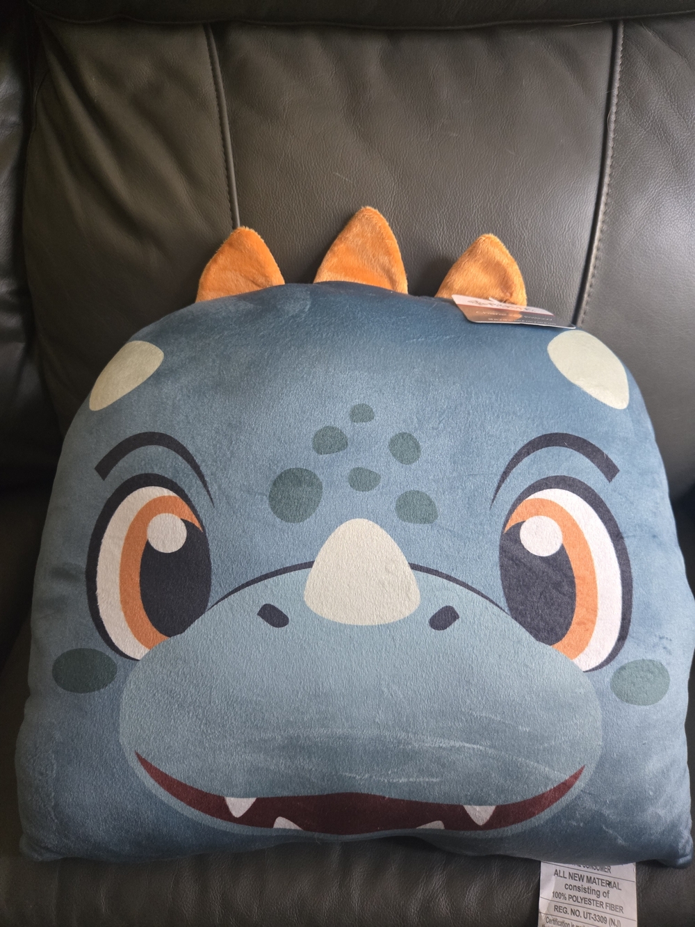 Home Collection Blue Green Cute Dino Face Pillow with Soft Orange Gills Sz 16x16